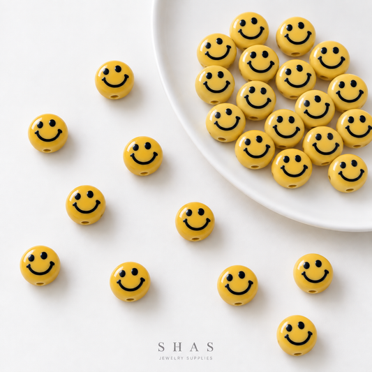 PCB25S Yellow Smiley Hand-Painted Ceramic Bead ( 1 pc ) Porcelian Ceramic
