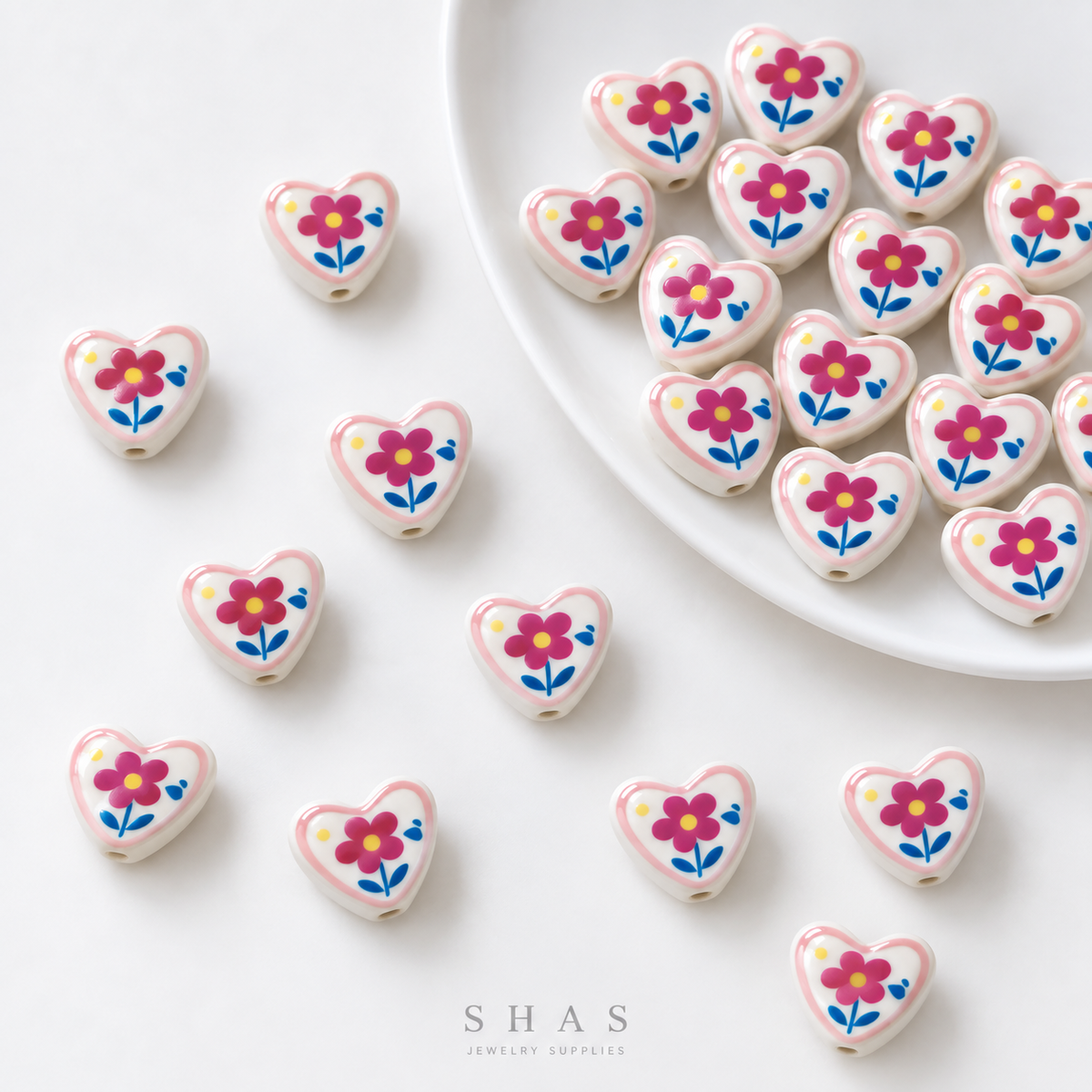 PCB25W Heart Flower Hand-Painted Ceramic Bead ( 1 pc ) Porcelian Ceramic