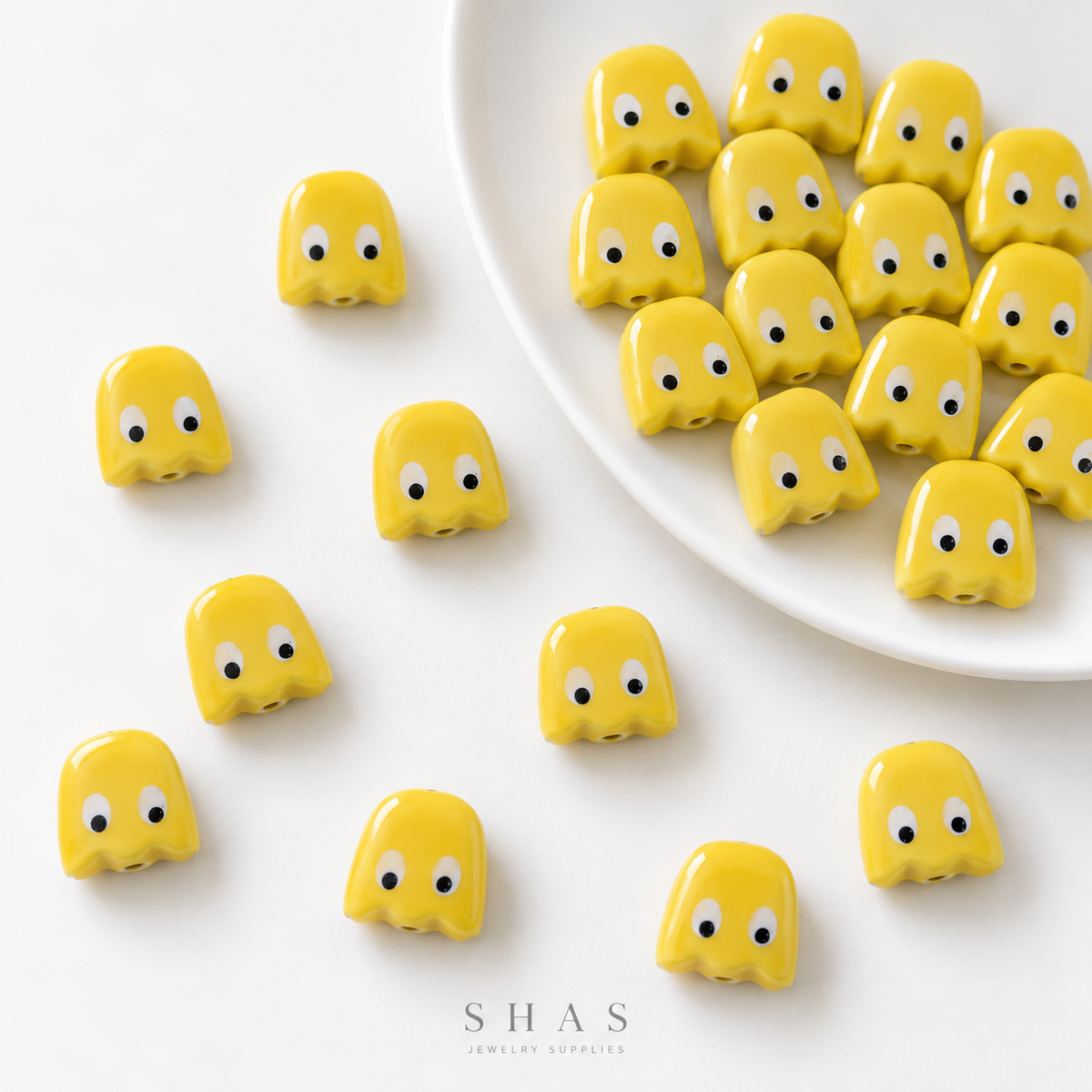 PCB26A Yellow Boo Hand-Painted Ceramic Bead ( 1 pc ) Porcelian Ceramic