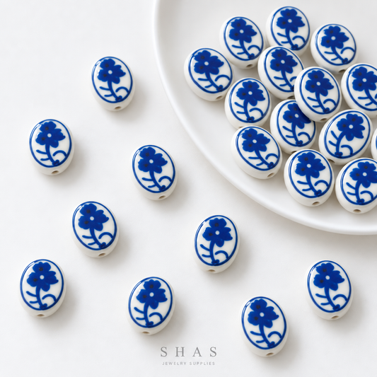 PCB26E Oval Blue Flower Hand-Painted Ceramic Bead ( 1 pc ) Porcelian Ceramic