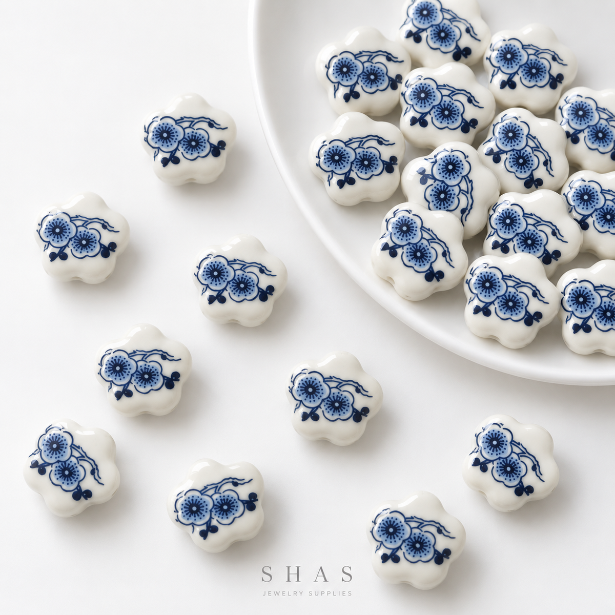PCB25Z Floral Plum Blossom Hand-Painted Ceramic Bead ( 1 pc ) Porcelian Ceramic