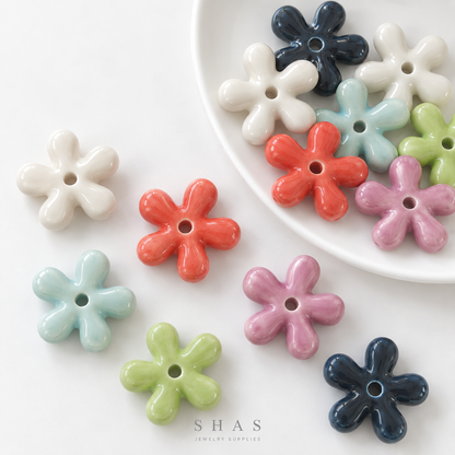 PCB26B Five Petal Floral Ceramic Bead ( 1 pc ) Porcelian Ceramic