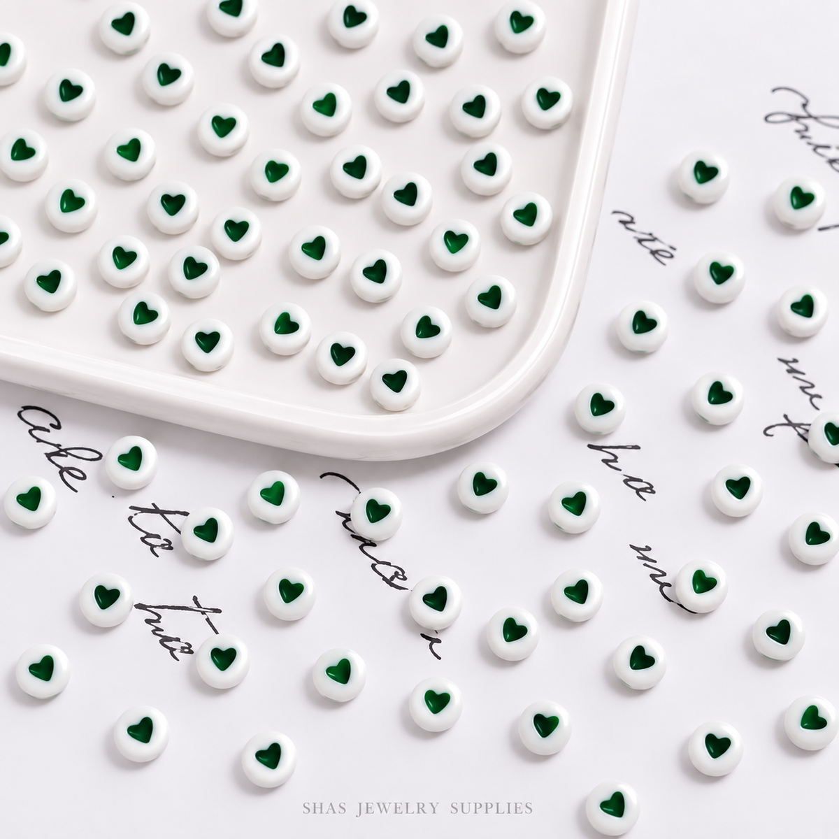 AB112E Green Hearts Round Acrylic Bead ( 1 pc )