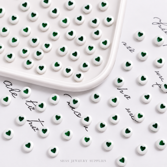 AB112E Green Hearts Round Acrylic Bead ( 1 pc )