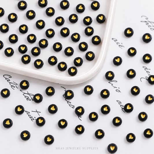 AB112H Black Gold Hearts Round Acrylic Bead ( 1 pc )
