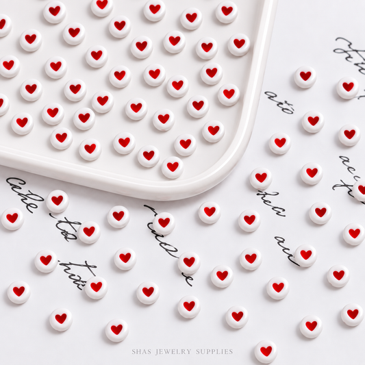 AB112B Red Hearts Round Acrylic Bead ( 1 pc )