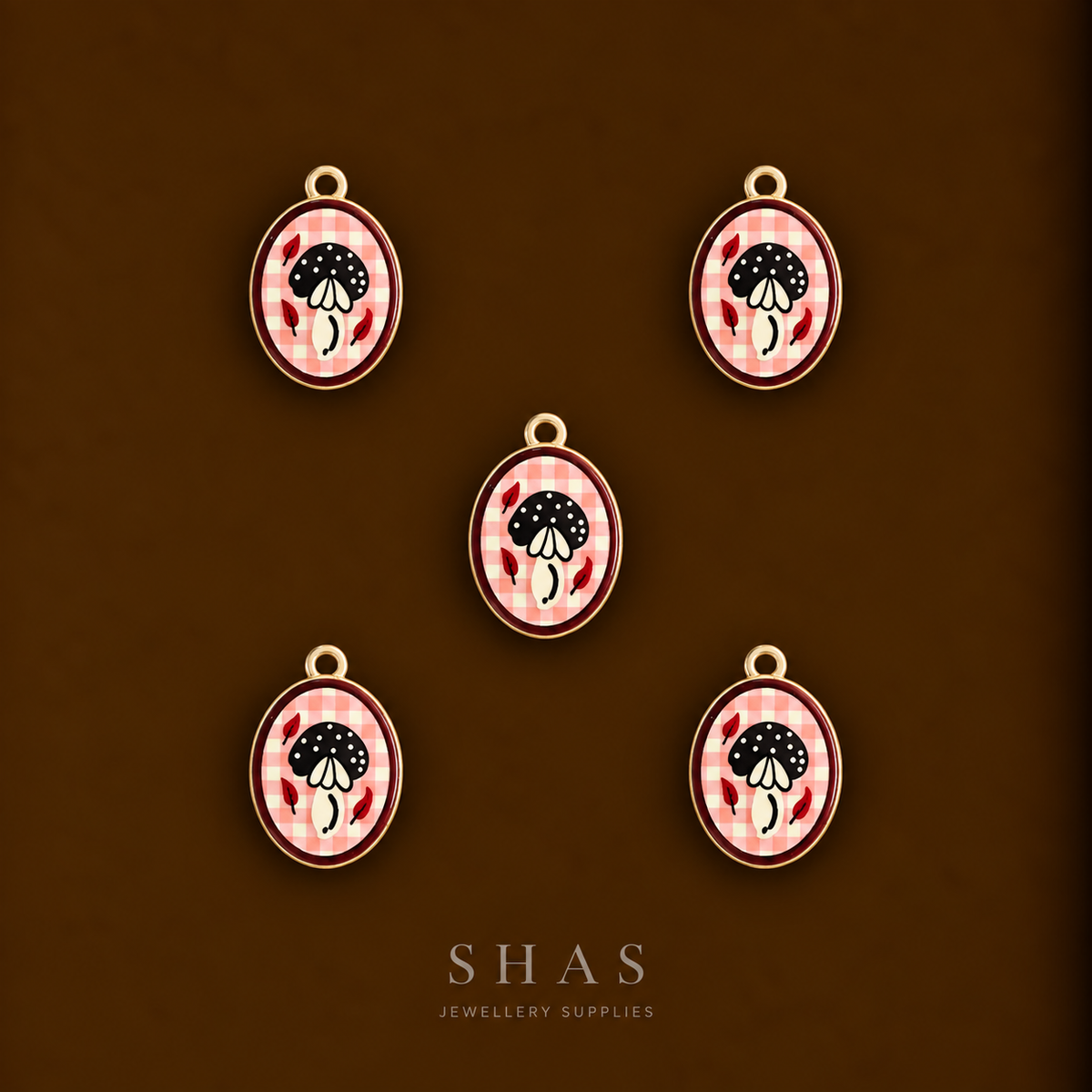 APC03K Gingham Mushroom Alloy Printed Charm ( 1 PC )