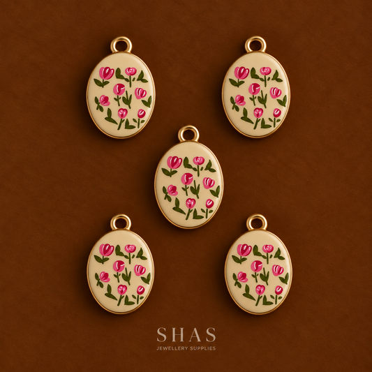 APC04G Rose Patterned Oval Alloy Printed Charm ( 1 PC )