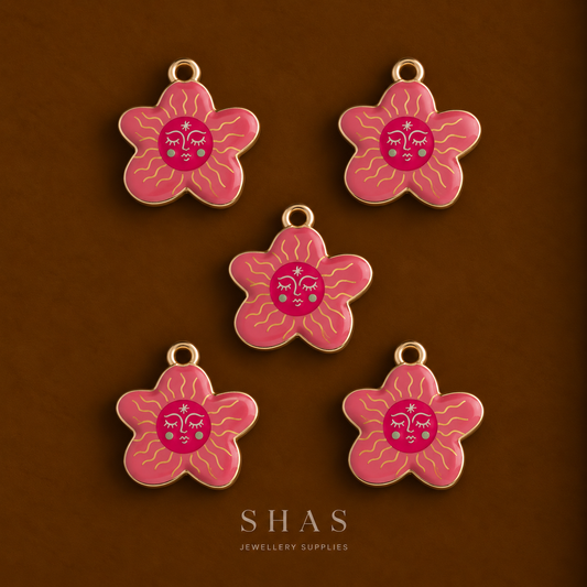 APC04H Pink Irregular Flower Alloy Printed Charm ( 1 PC )