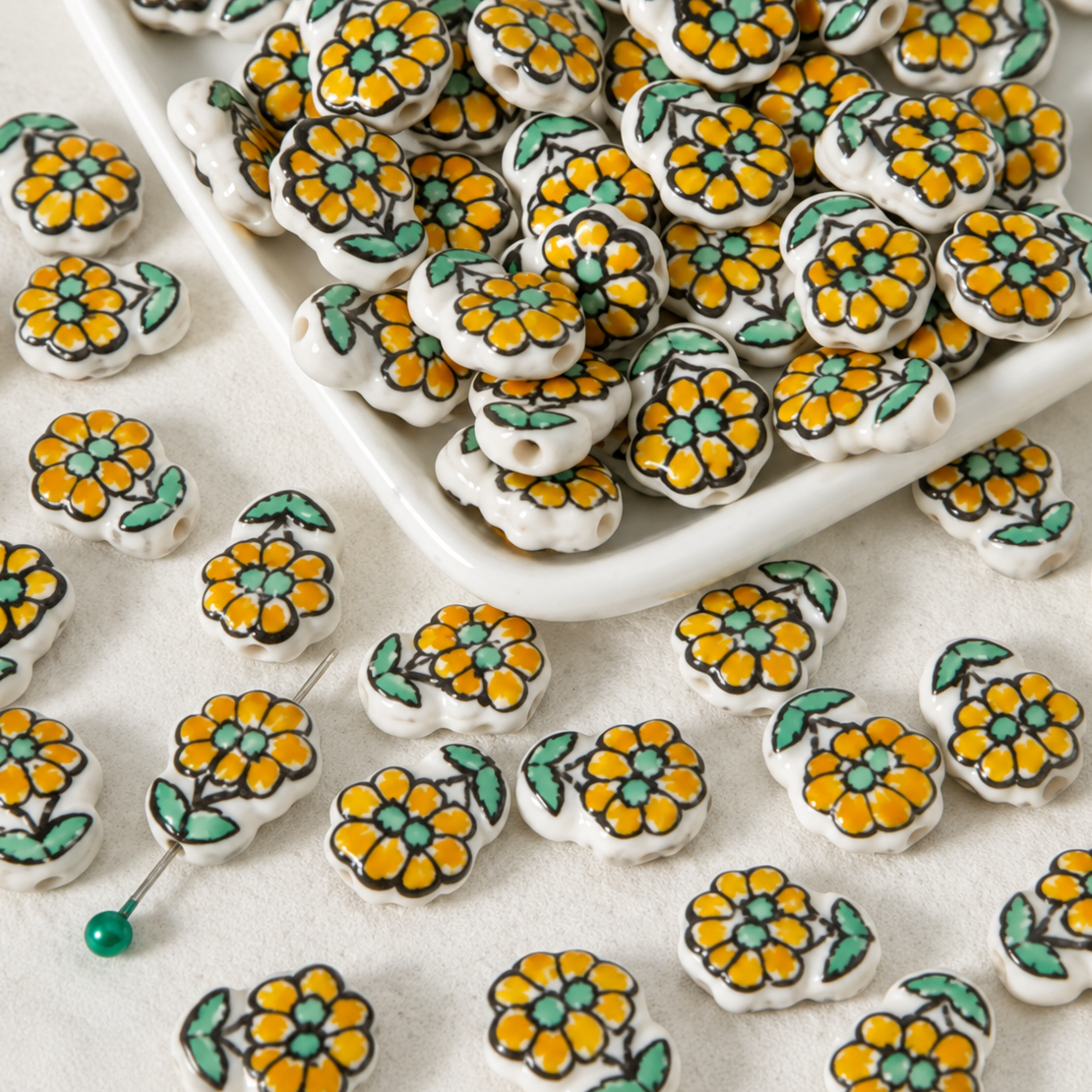 PCB27J Double Flower Hand-Painted Ceramic Bead ( 1 pc ) Porcelian Ceramic