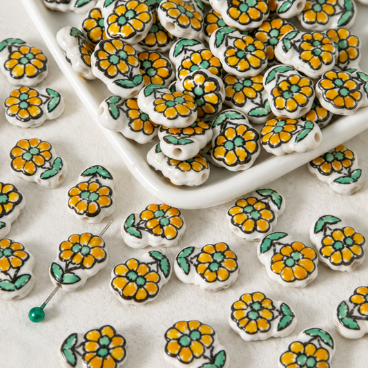 PCB27J Double Flower Hand-Painted Ceramic Bead ( 1 pc ) Porcelian Ceramic