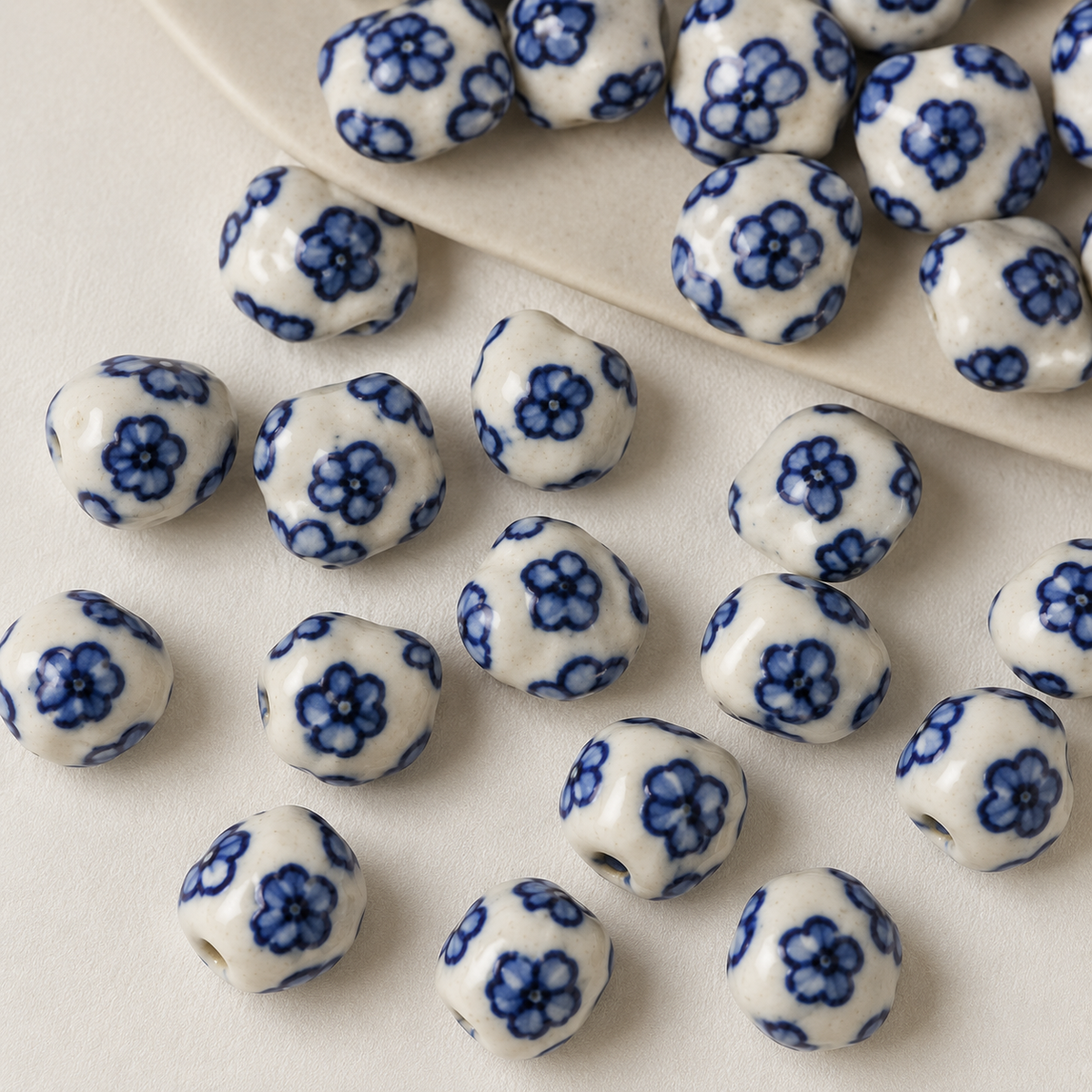PCB26Z Square Plum Blossom Hand-Painted Ceramic Bead ( 1 pc ) Porcelian Ceramic