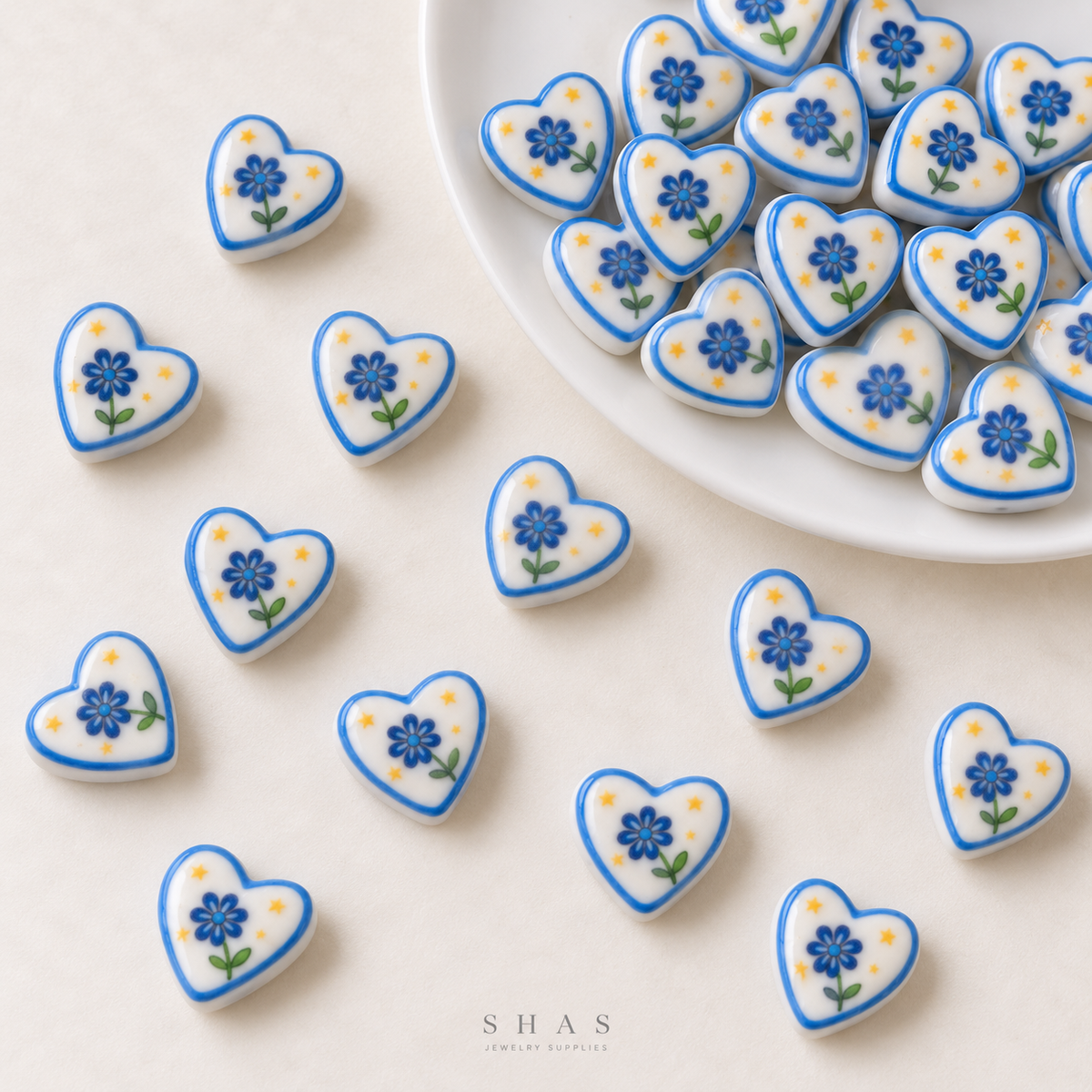 PCB27M Blue Flower Heart Hand-Painted Ceramic Bead ( 1 pc ) Porcelian Ceramic