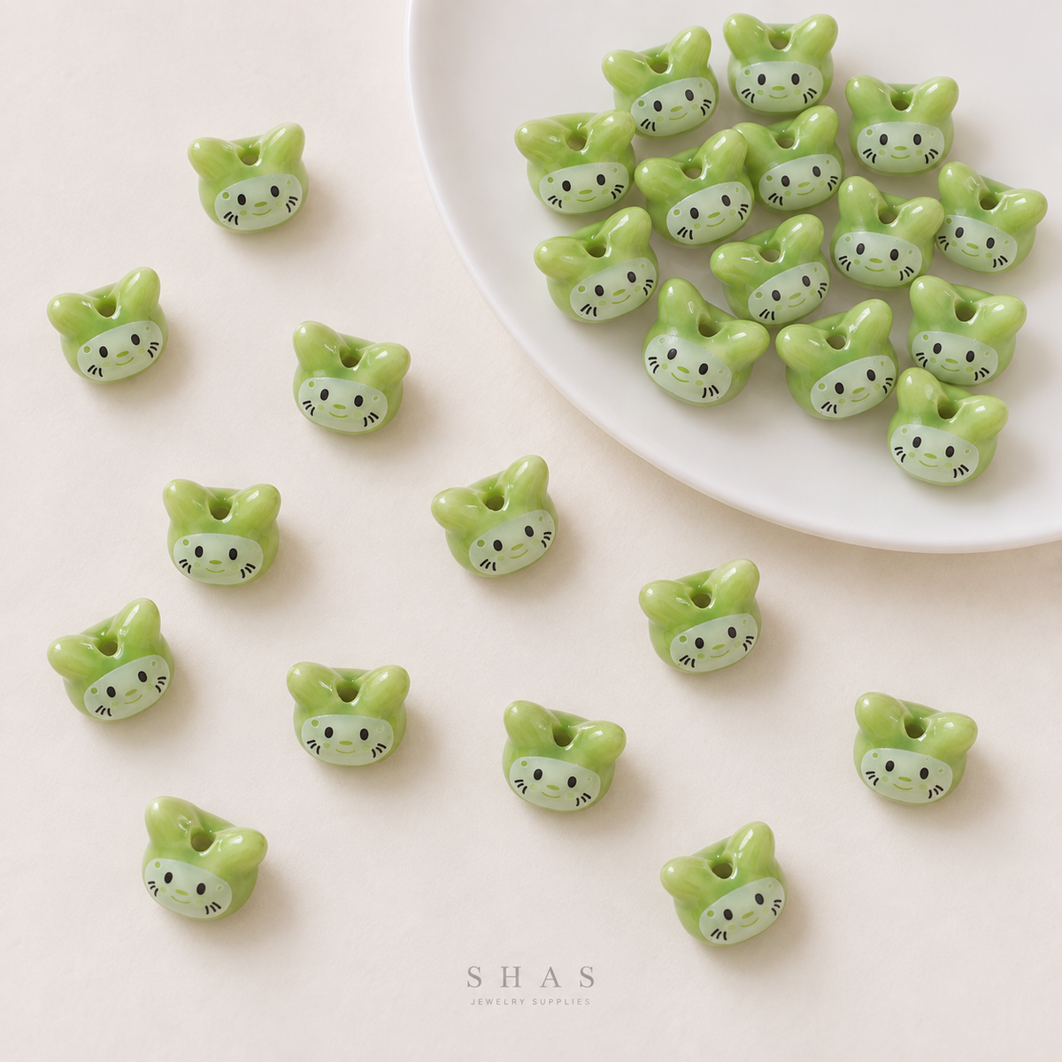 PCB26Q Green Bunny Hand-Painted Ceramic Bead ( 1 pc ) Porcelian Ceramic