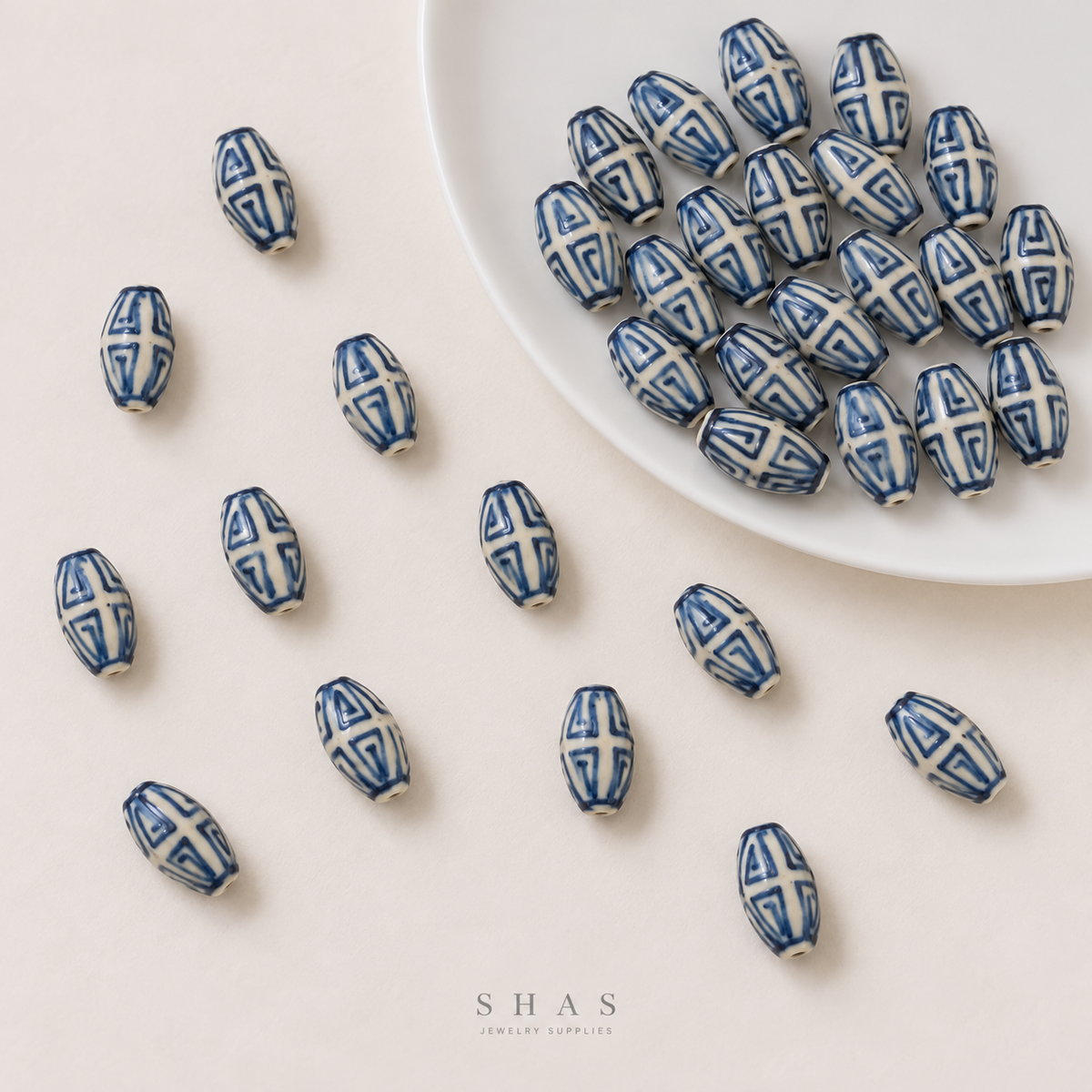 PCB27A Oval Patterned Hand-Painted Ceramic Bead ( 1 pc ) Porcelian Ceramic
