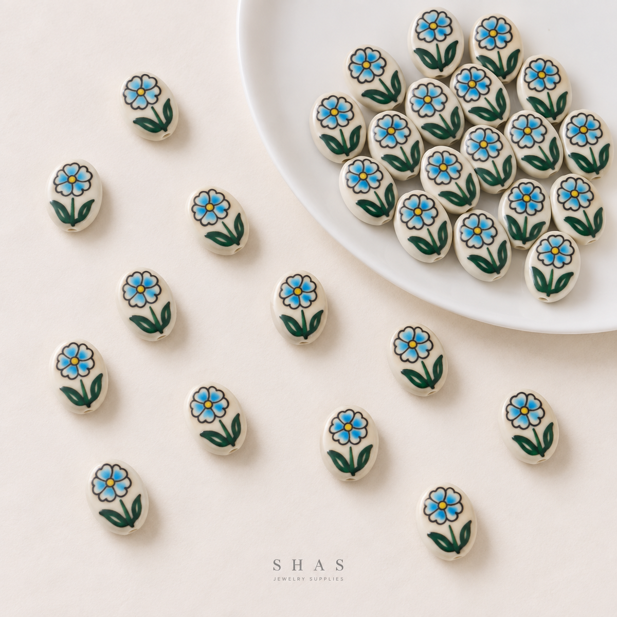 PCB27D Oval Blue Flower Hand-Painted Ceramic Bead ( 1 pc ) Porcelian Ceramic