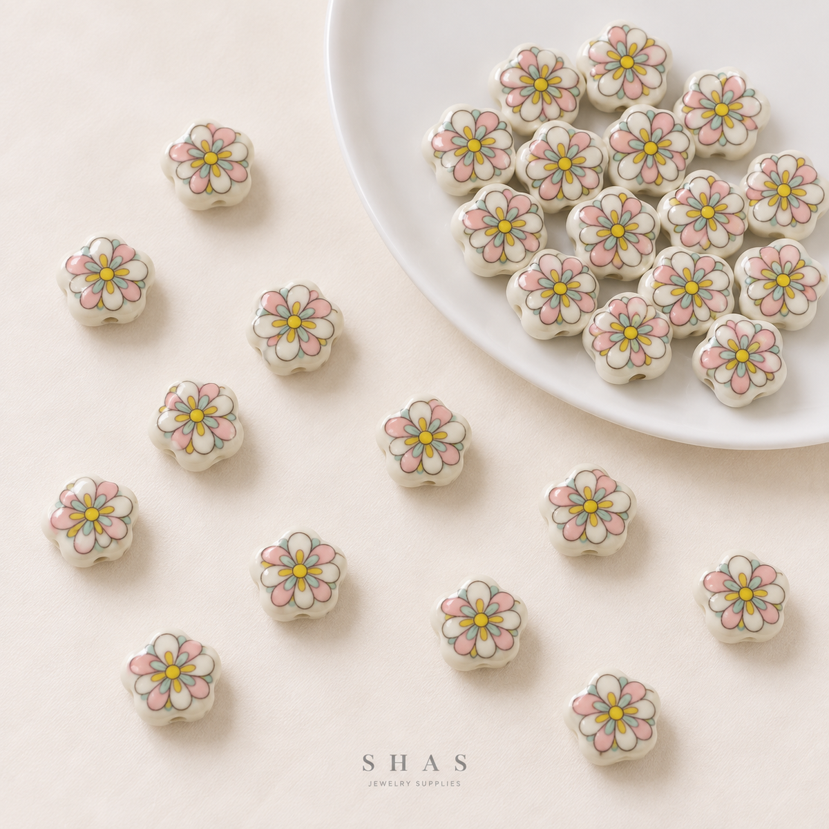 PCB26X Pastel Flower Hand-Painted Ceramic Bead ( 1 pc ) Porcelian Ceramic