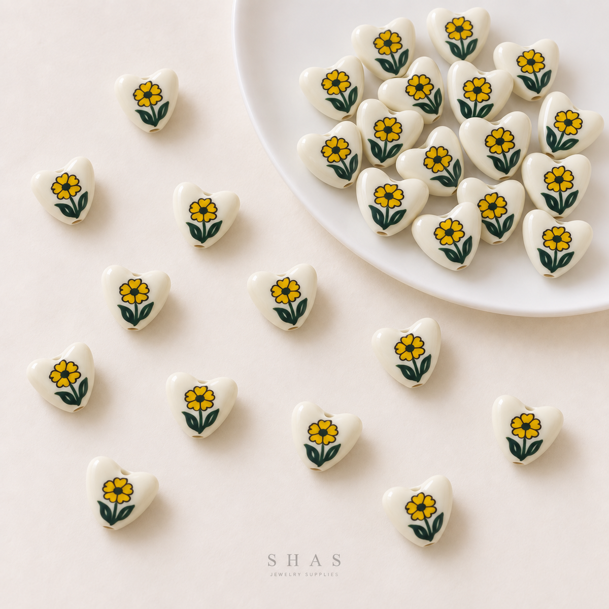 PCB27G Yellow Flower Heart Hand-Painted Ceramic Bead ( 1 pc ) Porcelian Ceramic