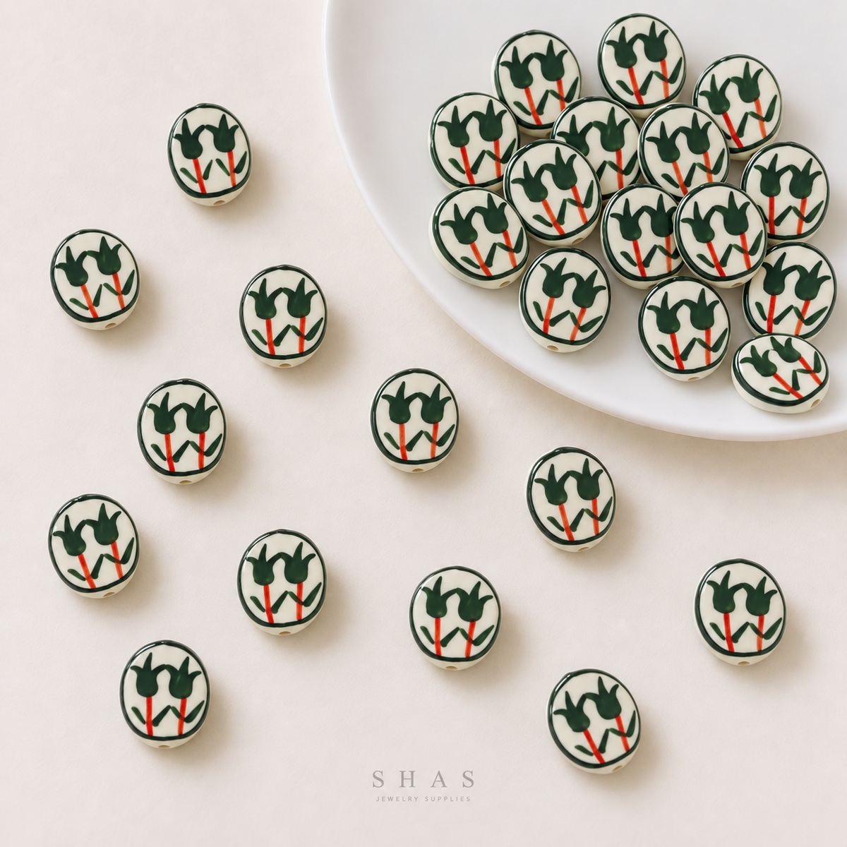PCB26N Green Tulip Hand-Painted Ceramic Bead ( 1 pc ) Porcelian Ceramic