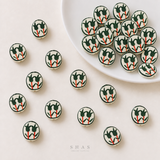 PCB26N Green Tulip Hand-Painted Ceramic Bead ( 1 pc ) Porcelian Ceramic