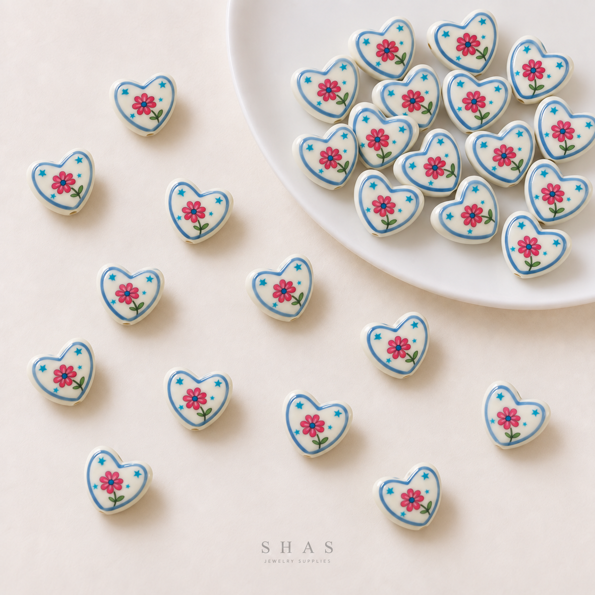 PCB27H Pink Floral Heart Hand-Painted Ceramic Bead ( 1 pc ) Porcelian Ceramic