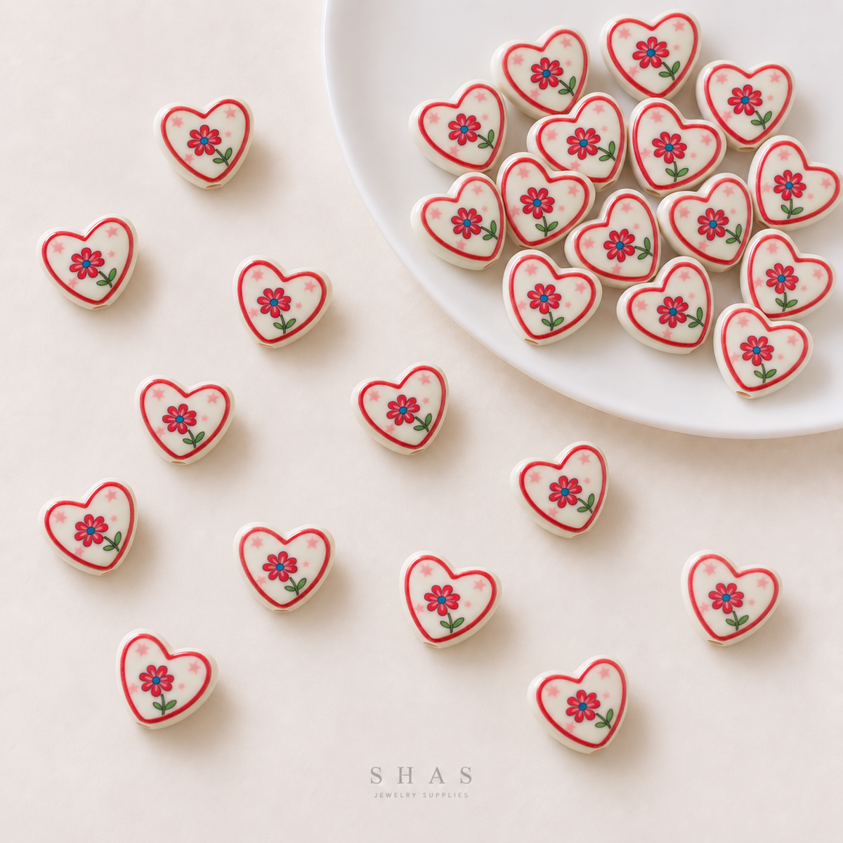 PCB26H Red Floral Heart Hand-Painted Ceramic Bead ( 1 pc ) Porcelian Ceramic