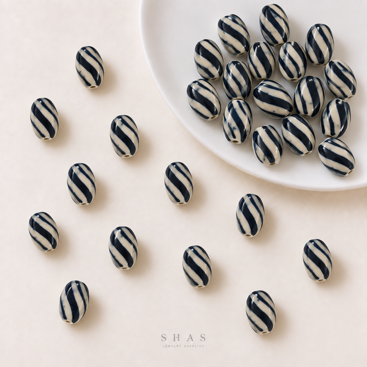 PCB26S Navy Striped Hand-Painted Ceramic Bead ( 1 pc ) Porcelian Ceramic