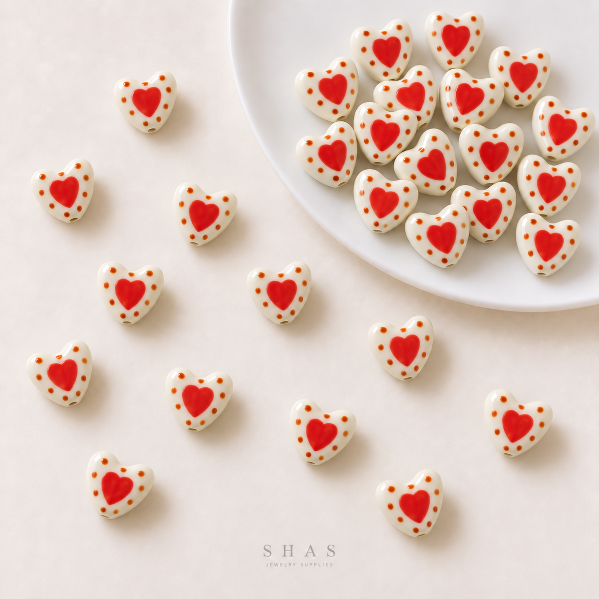 PCB26G Red Polka dot Heart Hand-Painted Ceramic Bead ( 1 pc ) Porcelian Ceramic
