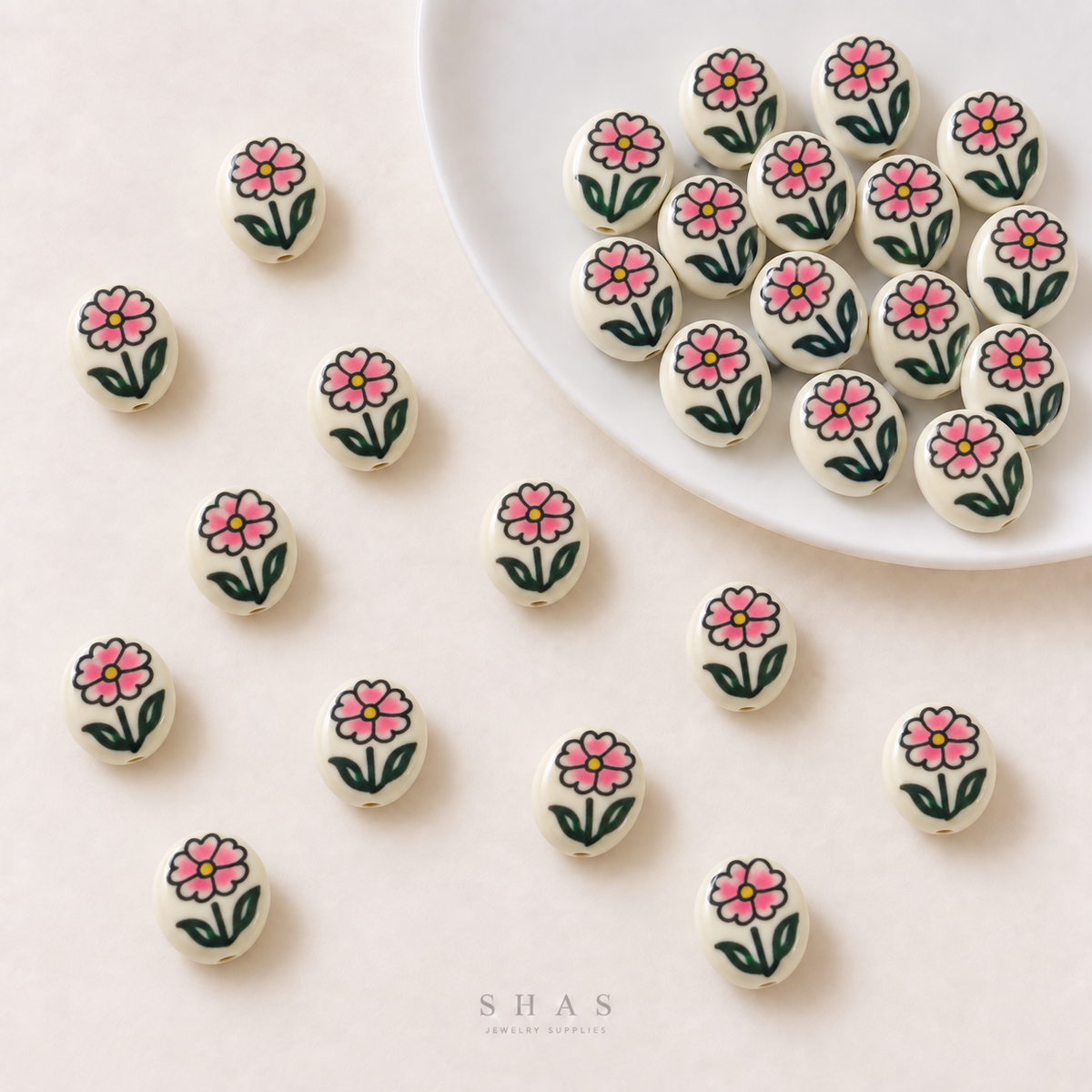 PCB26Y Oval Pink Flower Hand-Painted Ceramic Bead ( 1 pc ) Porcelian Ceramic