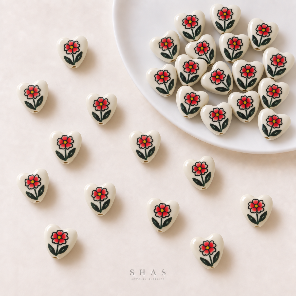 PCB27K Red Flower Heart Hand-Painted Ceramic Bead ( 1 pc ) Porcelian Ceramic