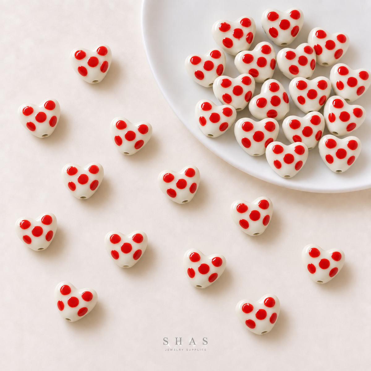 PCB26M Dotted Heart Hand-Painted Ceramic Bead ( 1 pc ) Porcelian Ceramic