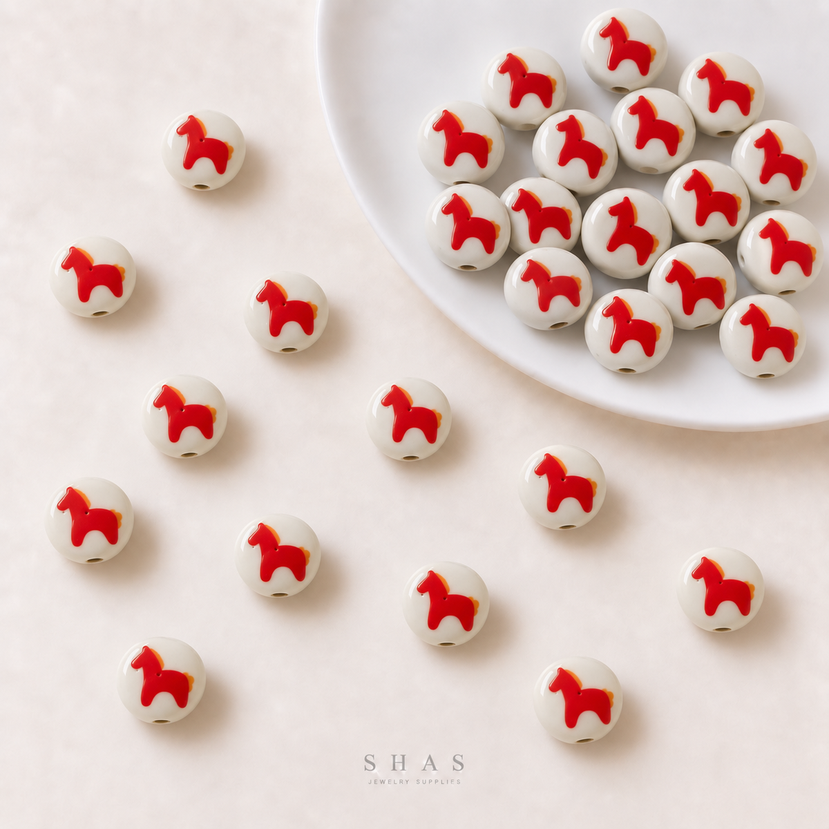 PCB26W Red Pony Hand-Painted Ceramic Bead ( 1 pc ) Porcelian Ceramic