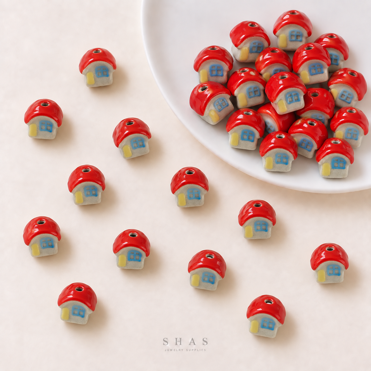 PCB26V Tiny House Hand-Painted Ceramic Bead ( 1 pc ) Porcelian Ceramic