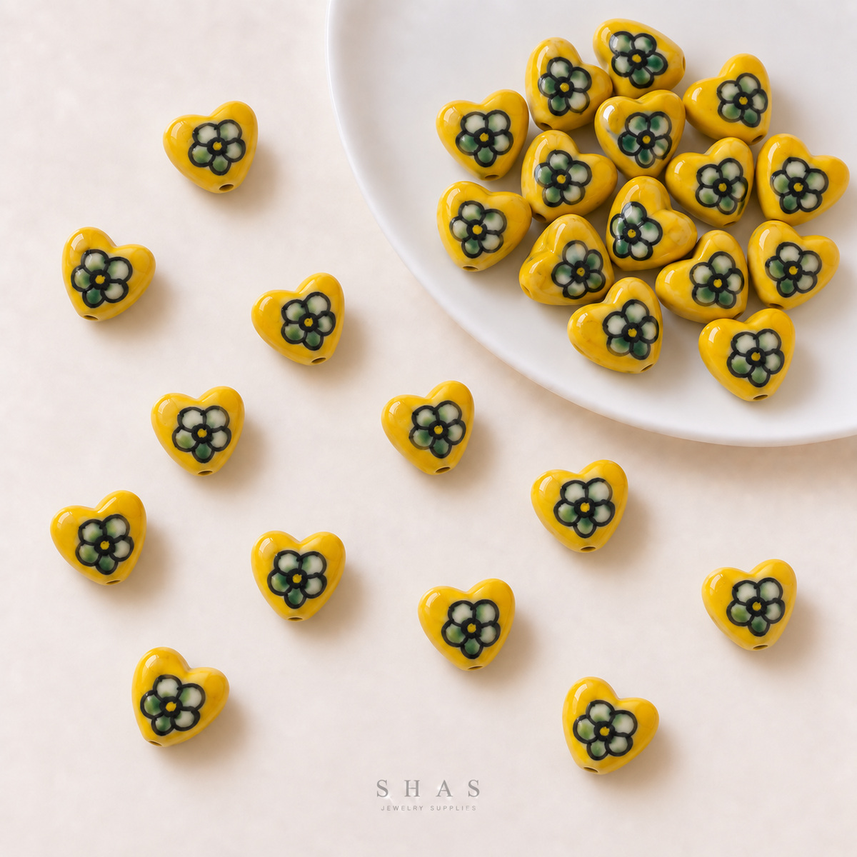 PCB26U Yellow Floral Heart Hand-Painted Ceramic Bead ( 1 pc ) Porcelian Ceramic