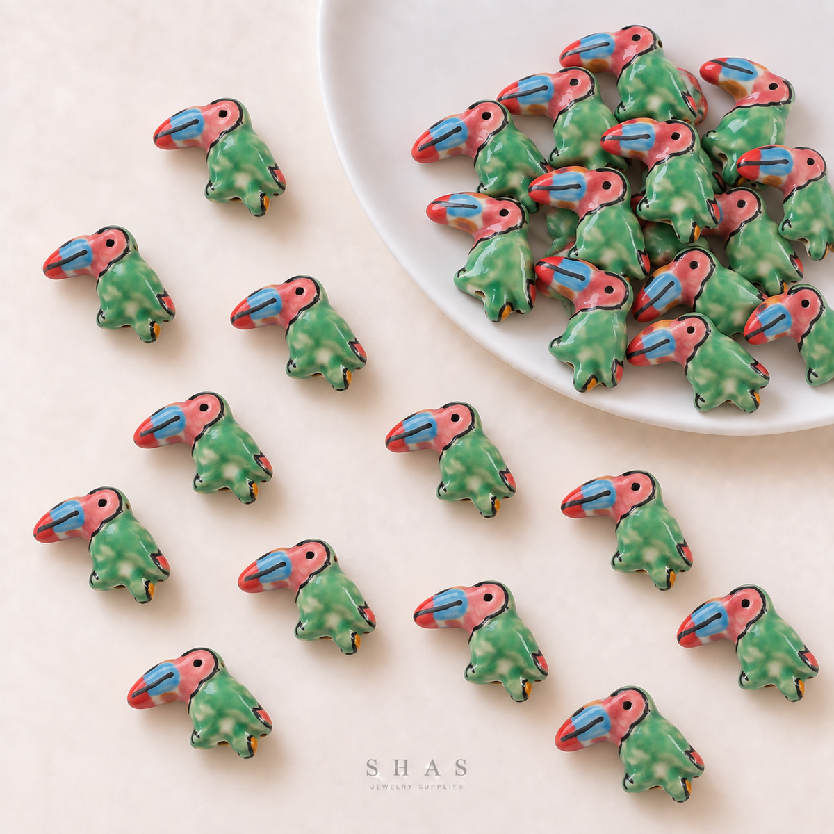 PCB26K Woodpecker Hand-Painted Ceramic Bead ( 1 pc ) Porcelian Ceramic