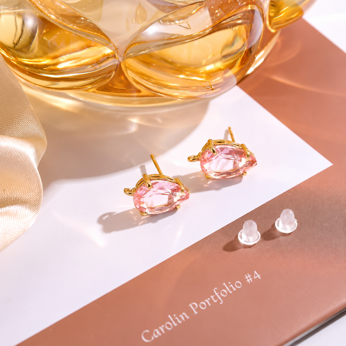 ZS03T Light Pink  Faceted Teardrop Zircon stud 18k gold plated ( 2 pc ) Anti tarnish