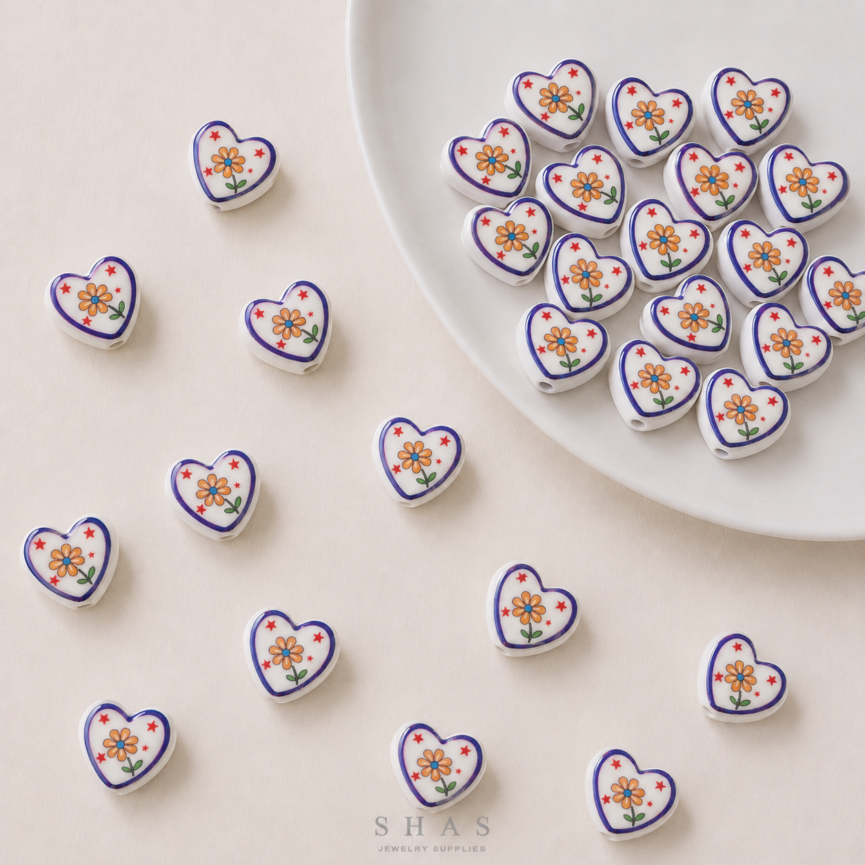 PCB25J Floral Heart Hand-Painted Ceramic Bead ( 1 pc ) Porcelian Ceramic