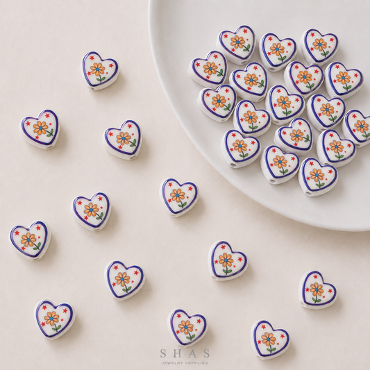 PCB25J Floral Heart Hand-Painted Ceramic Bead ( 1 pc ) Porcelian Ceramic