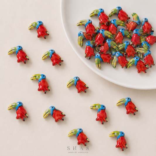 PCB25L Red Bird Hand-Painted Ceramic Bead ( 1 pc ) Porcelian Ceramic