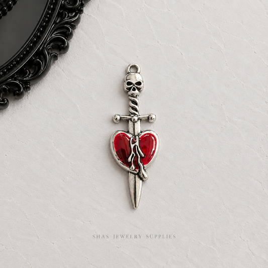 AC02P Red Heart Skull Sword Gothic Charm ( 1 pc ) High Quality Alloy