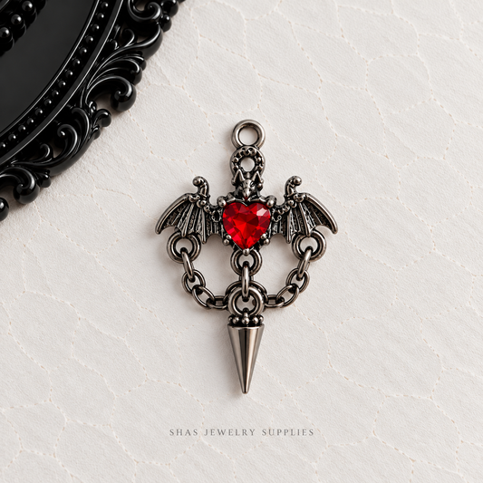AC03L Red Heart bat wings Gothic Charm ( 1 pc ) High Quality Alloy