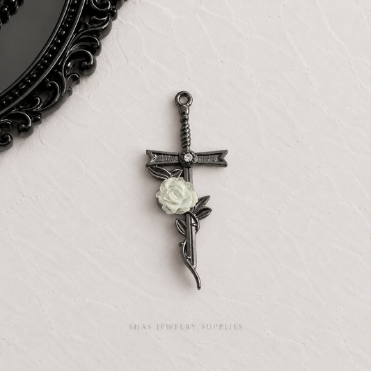 AC02S Green Flower Cross Gothic Charm ( 1 pc ) High Quality Alloy