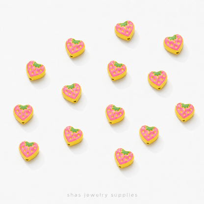 APB04  Strawberry Heart Alloy Printed Bead ( 1 pc )