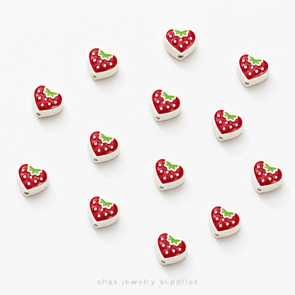 APB04  Strawberry Heart Alloy Printed Bead ( 1 pc )