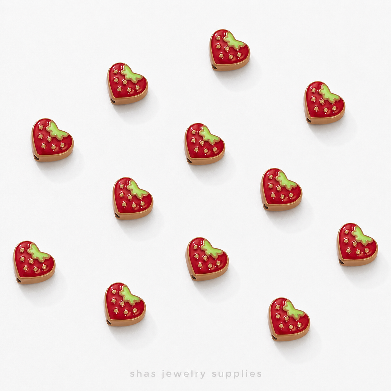 APB04  Strawberry Heart Alloy Printed Bead ( 1 pc )