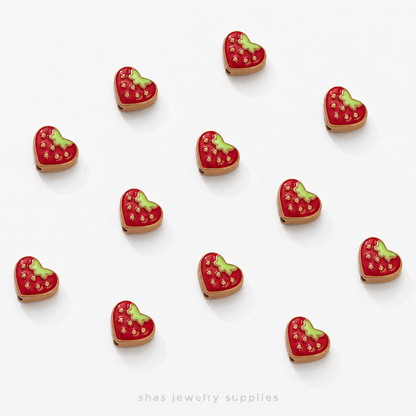 APB04  Strawberry Heart Alloy Printed Bead ( 1 pc )