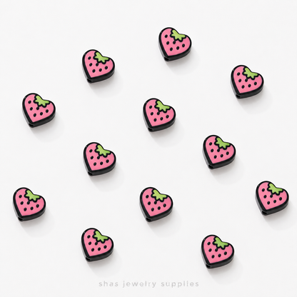 APB04  Strawberry Heart Alloy Printed Bead ( 1 pc )