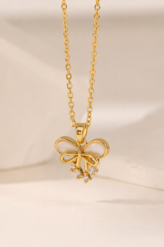 NSJ22C bow Zircon Necklace - 18k Gold PVD plated 316  stainless steel - Anti tarnish