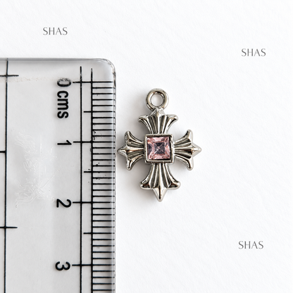 AC08 Pink Zircon Cross Y2K Alloy Charm ( 1 pc )