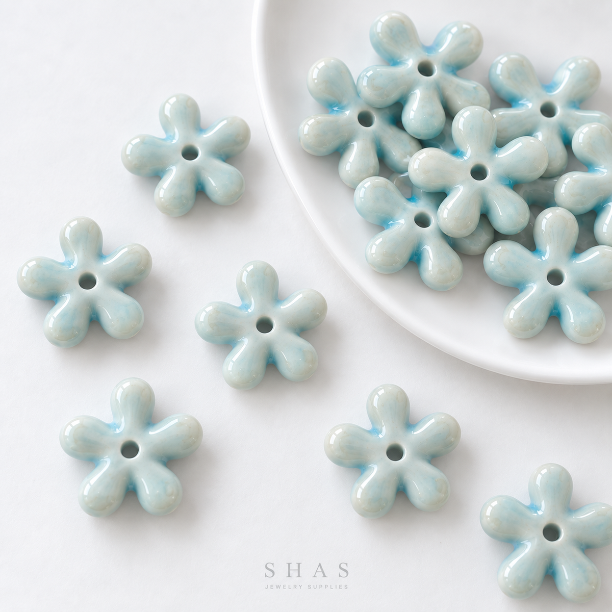 PCB26B Five Petal Floral Ceramic Bead ( 1 pc ) Porcelian Ceramic